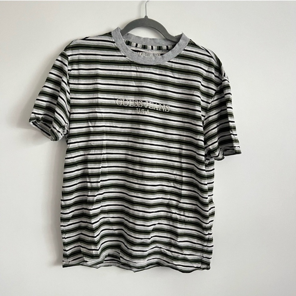 Vintage 90s Guess Originals Striped T-Shirt Green Gray Embroidered Logo Size S